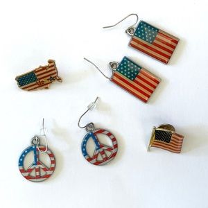 USA American flag themed costume dangle earrings and pins